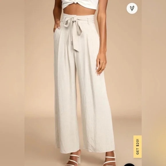 Lulus linen blend paper bag waist pants medium cream - Picture 1 of 7